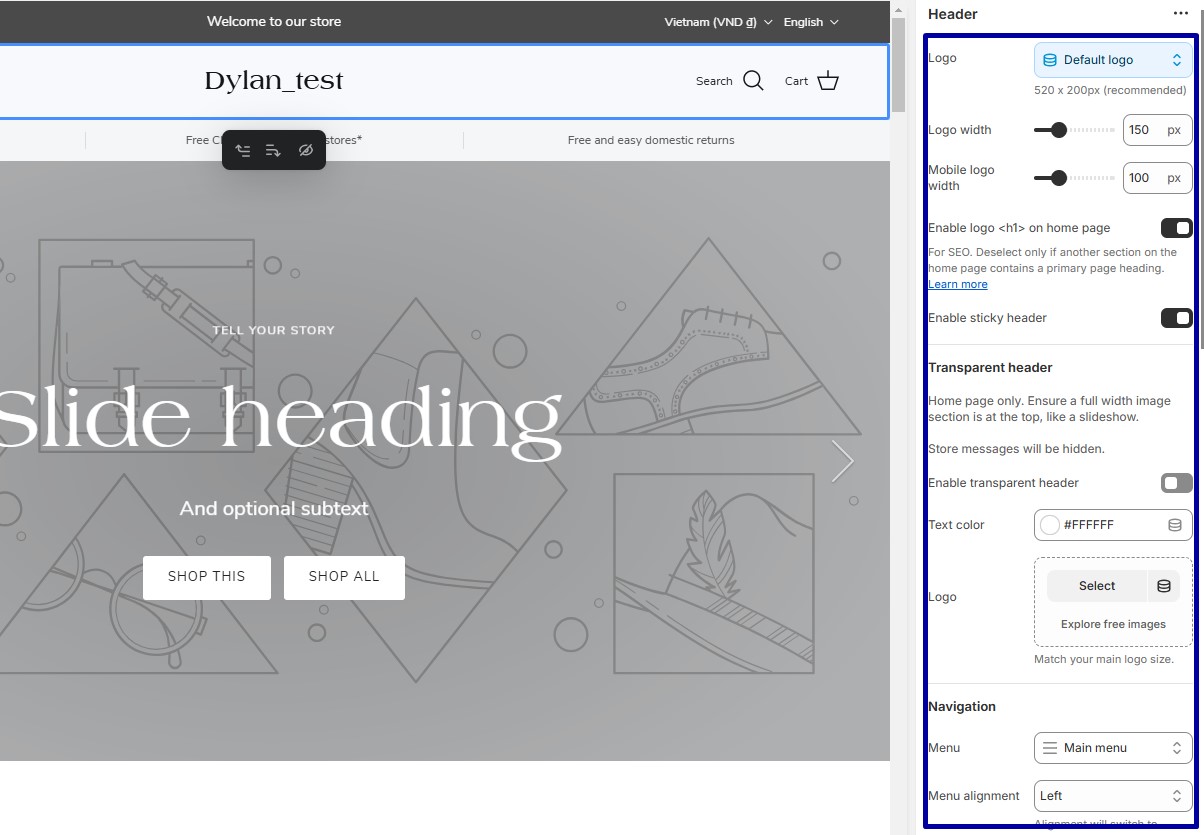 Edit the Header: layout, color, and font